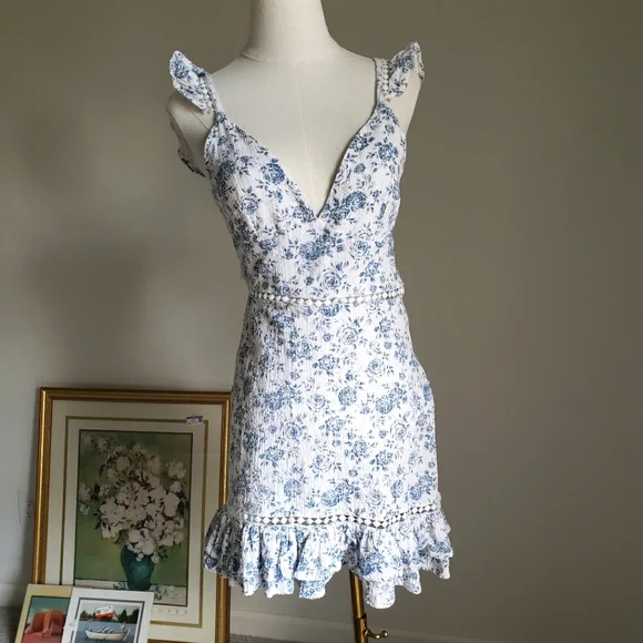 Minkpink Toile Floral Blue and White Open Back Mini Dress Small - Picture 1 of 11